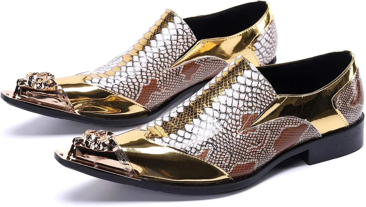 Santimon Mens Genuine Leather Dress Loafers Metallic Cap Slip On Tuxedo Formal Composite Snake Print Luxury Wedding Fashion Shoes