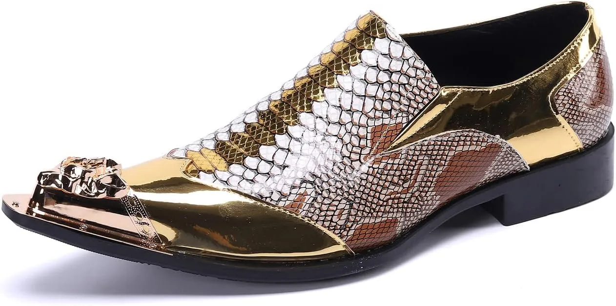 Santimon Mens Genuine Leather Dress Loafers Metallic Cap Slip On Tuxedo Formal Composite Snake Print Luxury Wedding Fashion Shoes