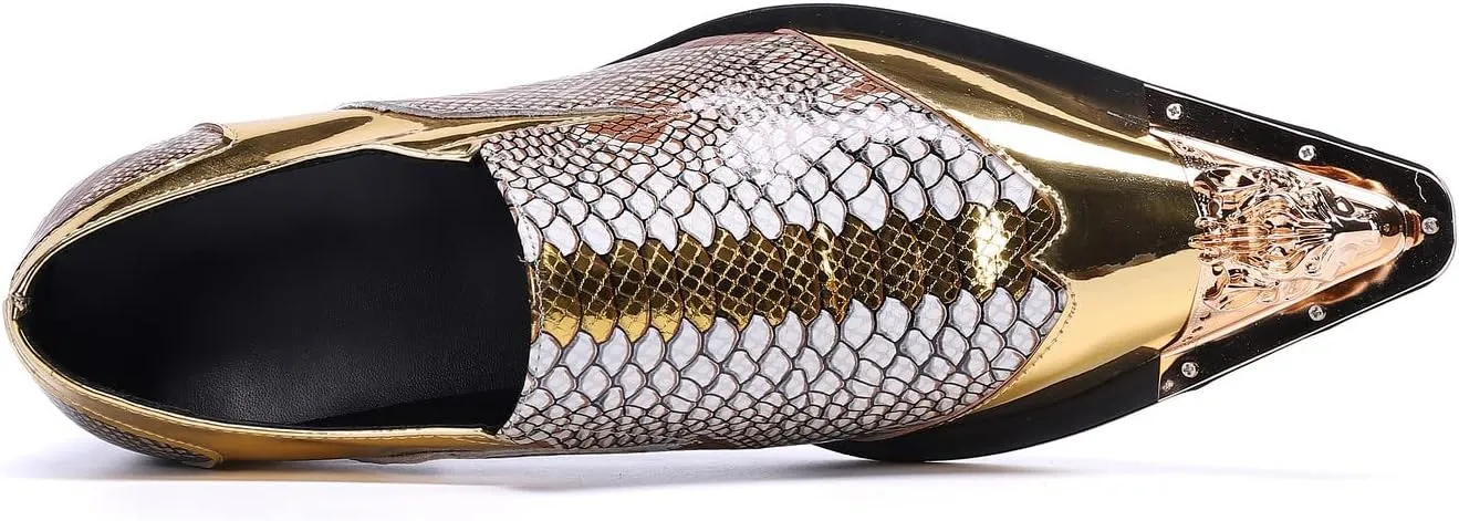 Santimon Mens Genuine Leather Dress Loafers Metallic Cap Slip On Tuxedo Formal Composite Snake Print Luxury Wedding Fashion Shoes