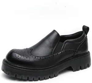 Santimon Men's Leather Wingtip Loafer Shoes Chunky Heel Platform Vintage Round Toe Brogue Shoes