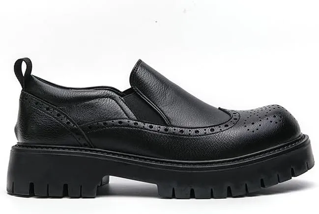 Santimon Men's Leather Wingtip Loafer Shoes Chunky Heel Platform Vintage Round Toe Brogue Shoes