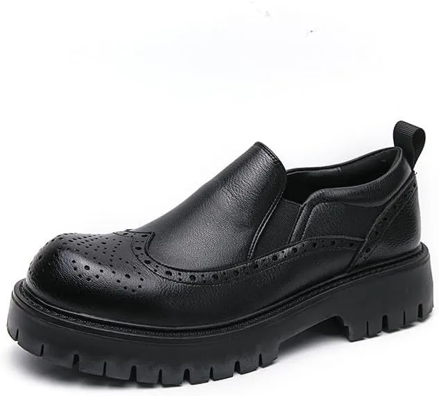 Santimon Men's Leather Wingtip Loafer Shoes Chunky Heel Platform Vintage Round Toe Brogue Shoes