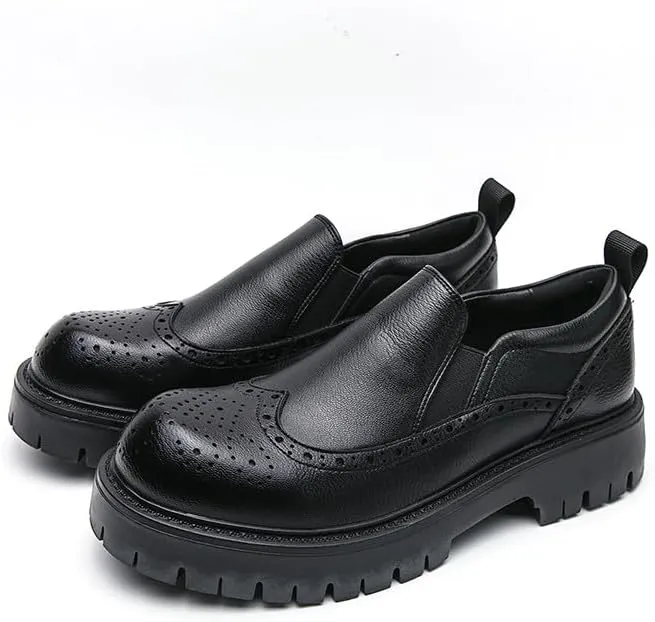 Santimon Men's Leather Wingtip Loafer Shoes Chunky Heel Platform Vintage Round Toe Brogue Shoes
