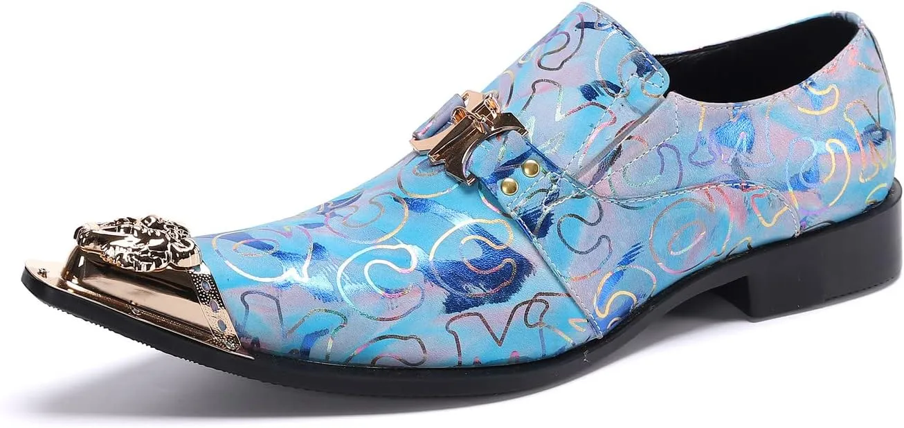 Santimon Mens Loafers Fashion Suits Gold Hardware Party Sleek Slip On Dress Metal Cap Toe Wedding Graphic Print Leather Shoes