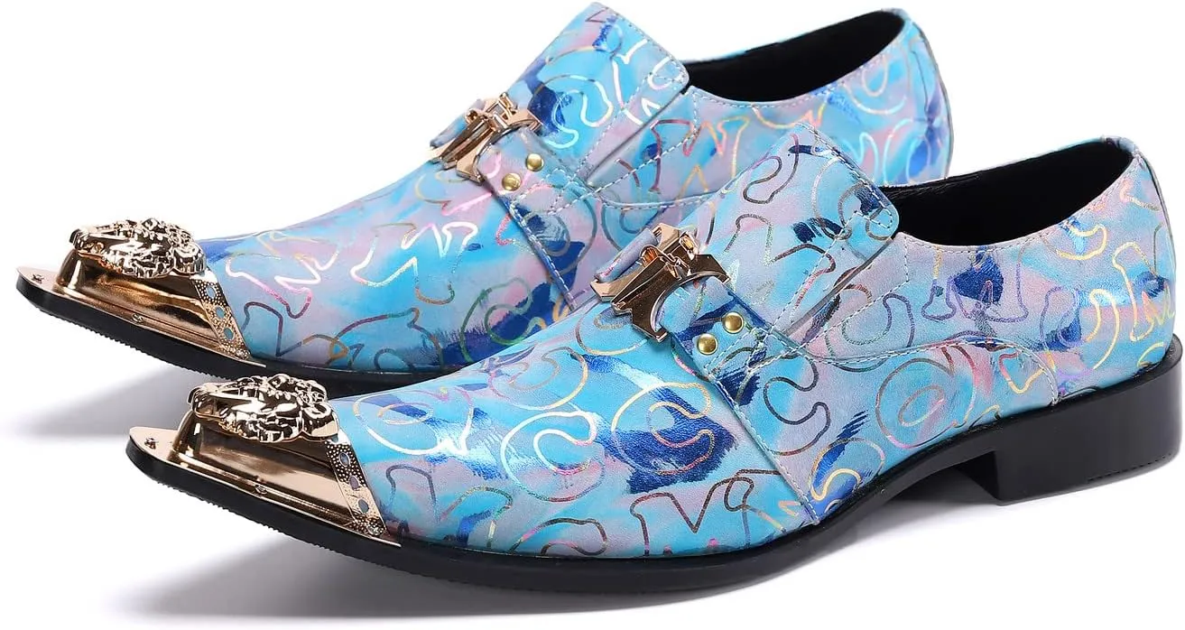 Santimon Mens Loafers Fashion Suits Gold Hardware Party Sleek Slip On Dress Metal Cap Toe Wedding Graphic Print Leather Shoes