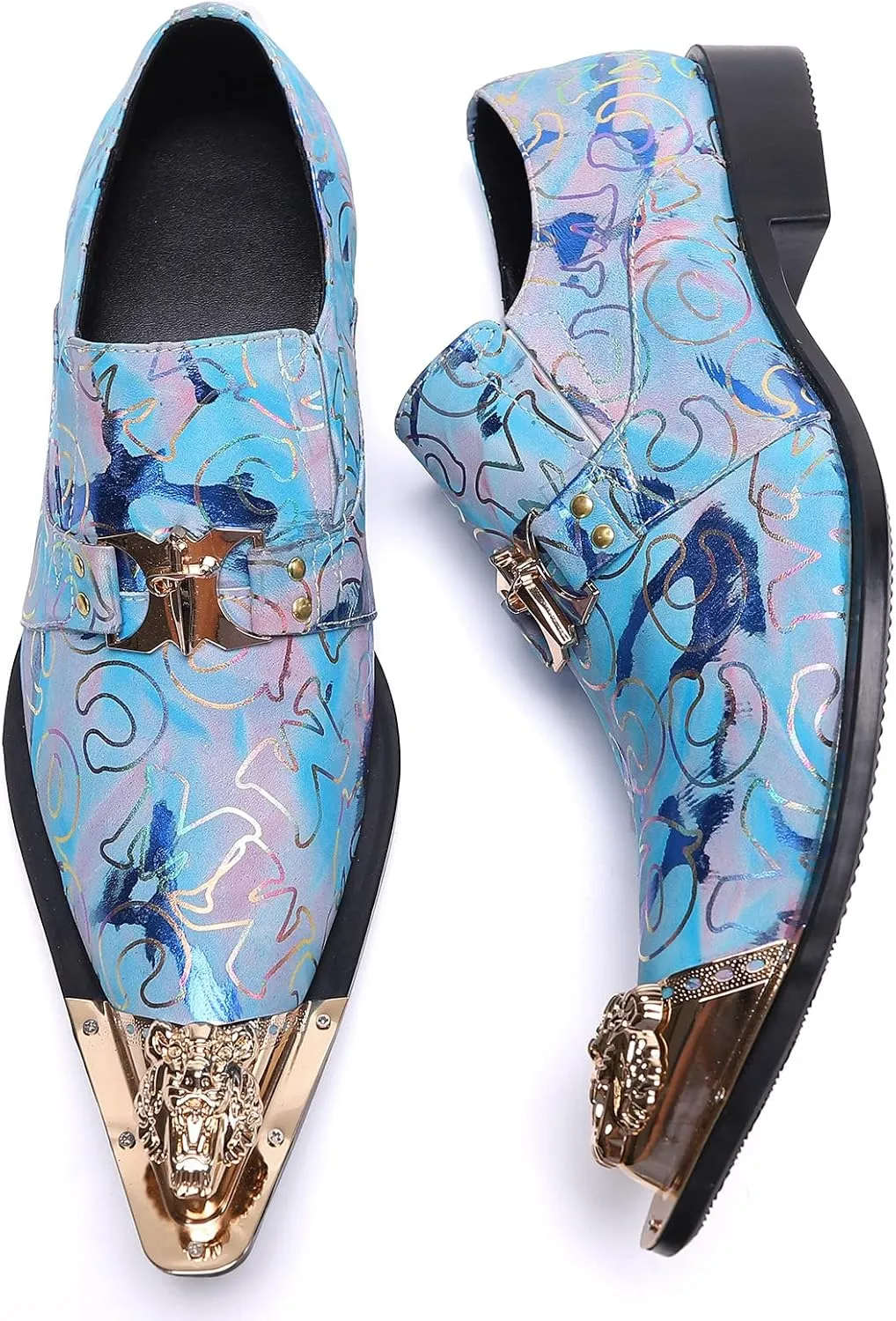 Santimon Mens Loafers Fashion Suits Gold Hardware Party Sleek Slip On Dress Metal Cap Toe Wedding Graphic Print Leather Shoes