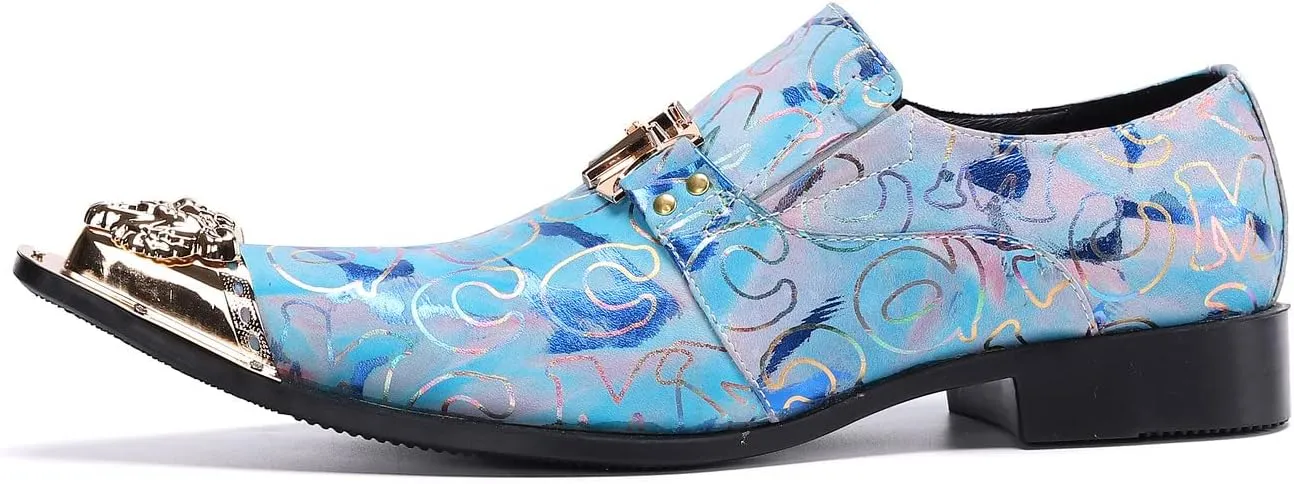 Santimon Mens Loafers Fashion Suits Gold Hardware Party Sleek Slip On Dress Metal Cap Toe Wedding Graphic Print Leather Shoes