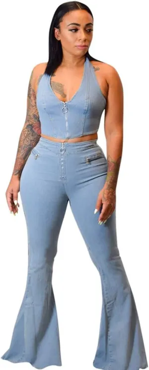 SERYU Tracksuit Womens Button Zipper Pocket Jeans Casual Denim Flares Sexy Set Tops Pants Suit