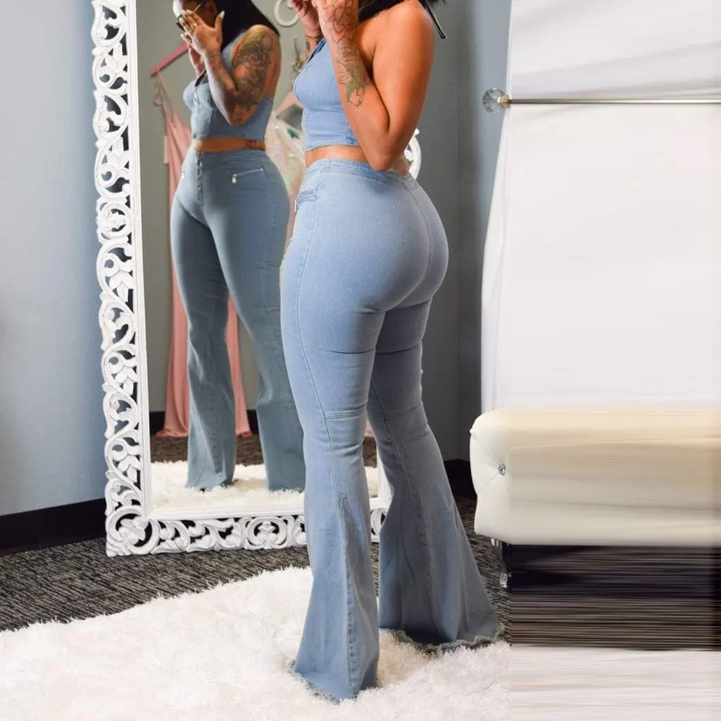 SERYU Tracksuit Womens Button Zipper Pocket Jeans Casual Denim Flares Sexy Set Tops Pants Suit