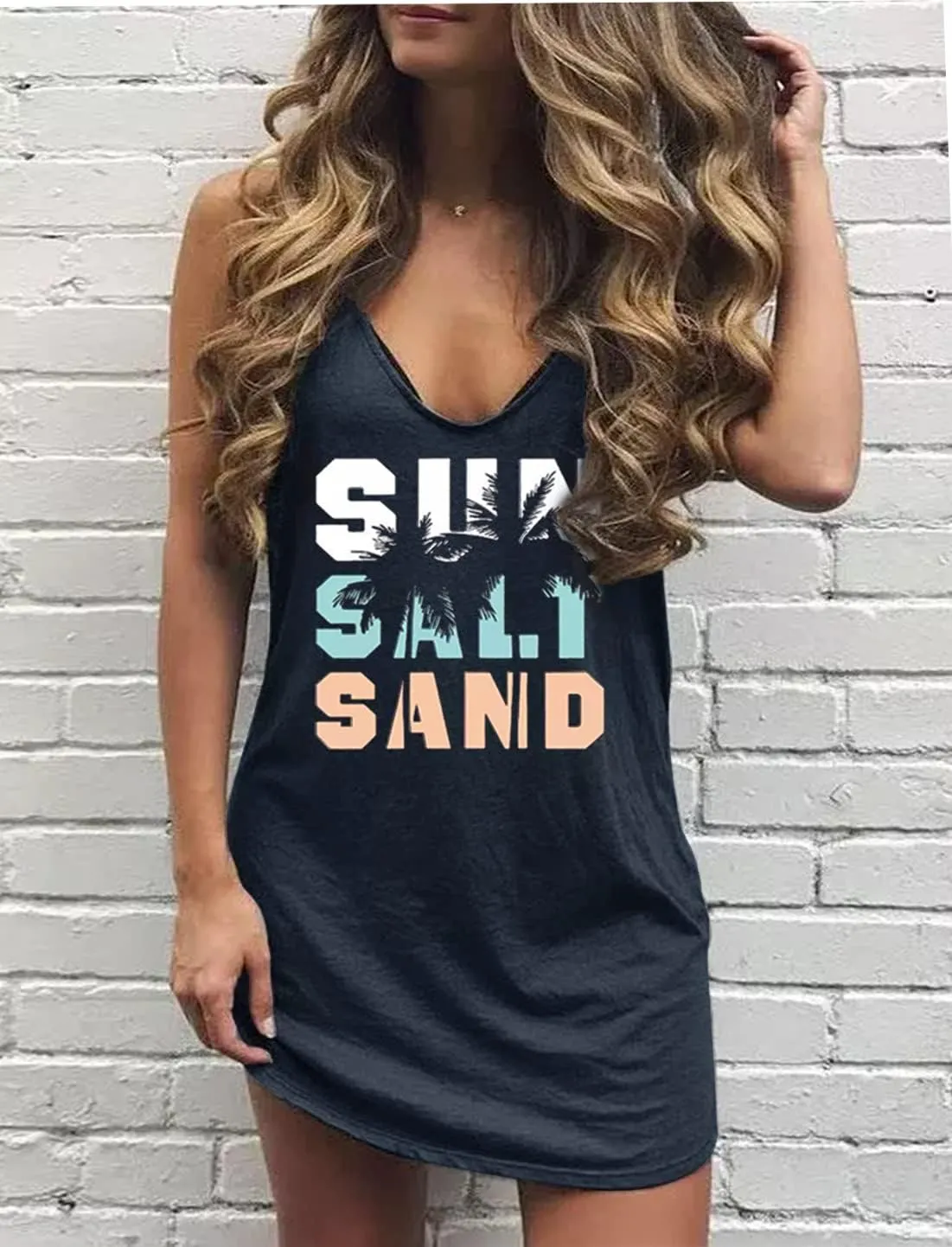 Sexy Summer Dress for Women Sun Salt Sand Graphic Mini Dress Hawaii Beach Vacation Dresses Summer Sexy V Neck Sundress