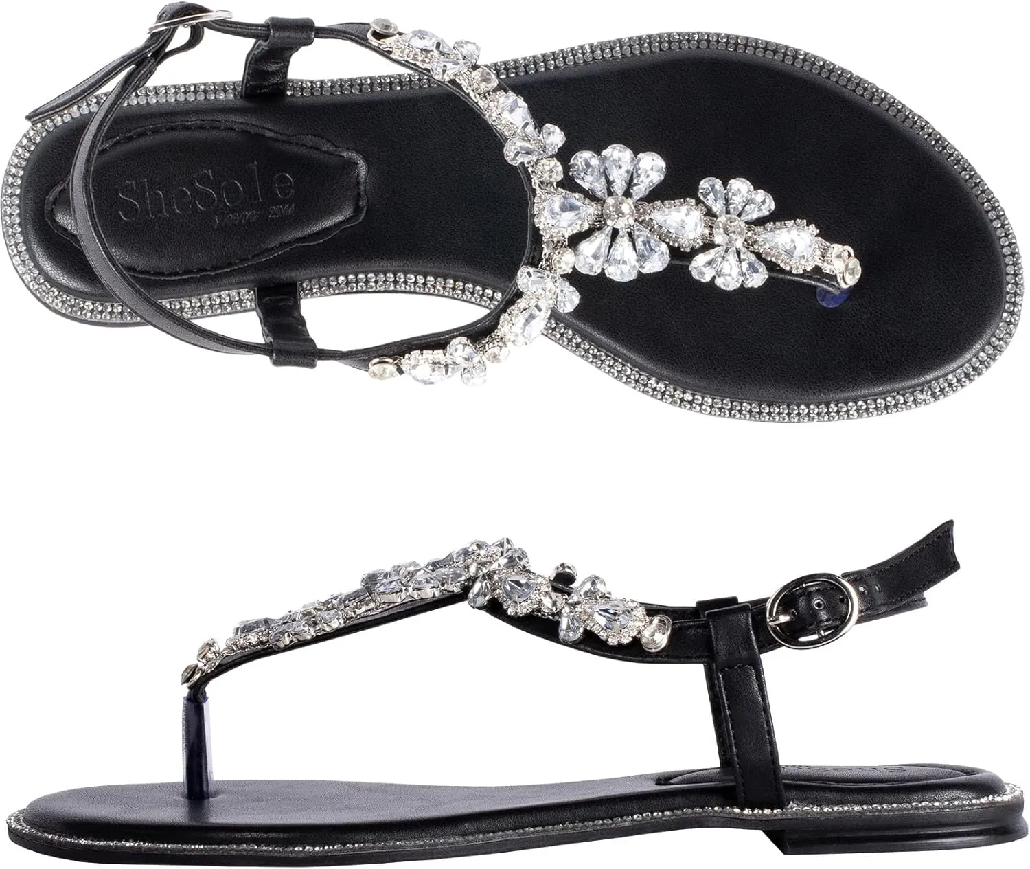 SheSole Women's Sparkly Rhinestone T-Strap Silver Flat Sandals Dressy Thong Beach Wedding Shoes