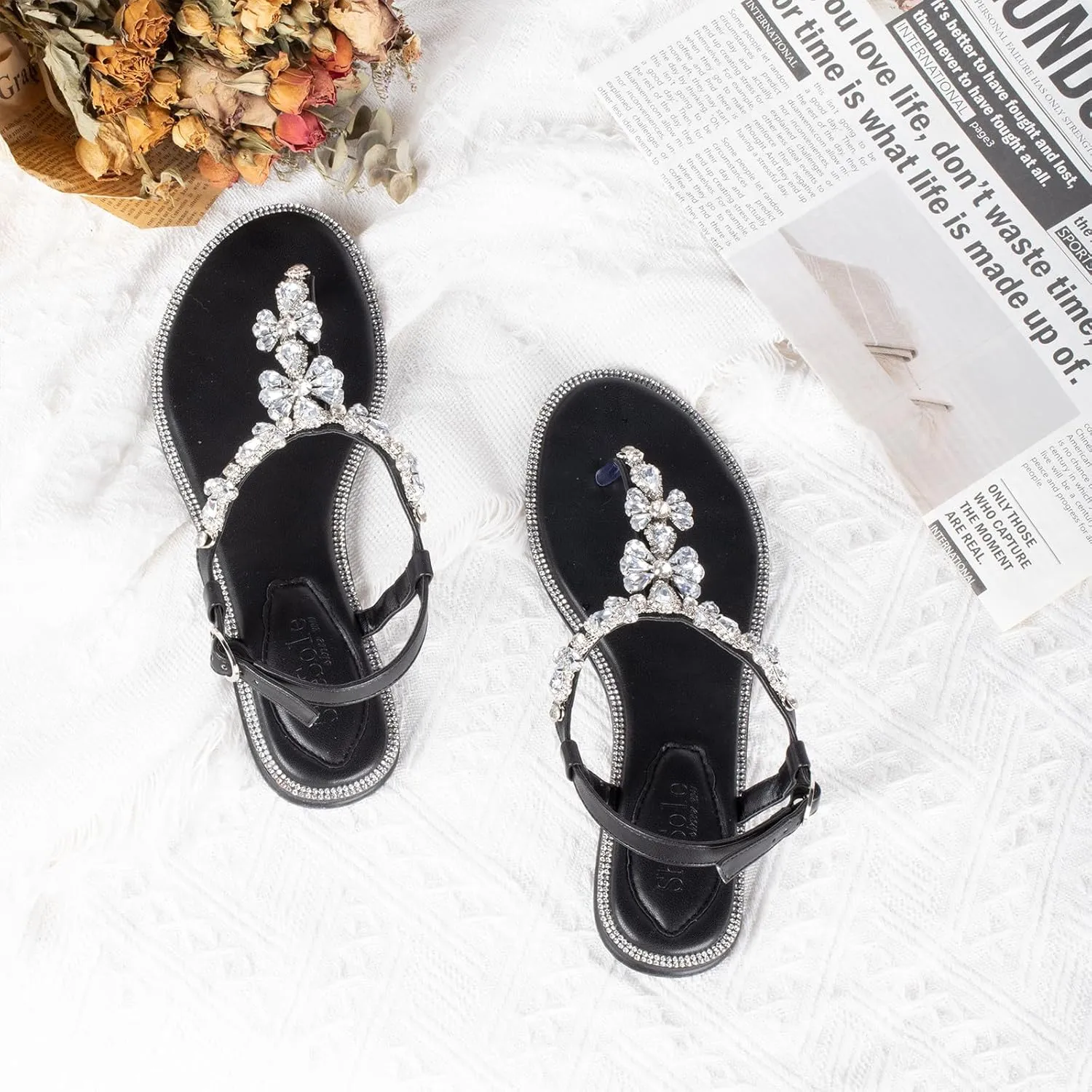SheSole Women's Sparkly Rhinestone T-Strap Silver Flat Sandals Dressy Thong Beach Wedding Shoes