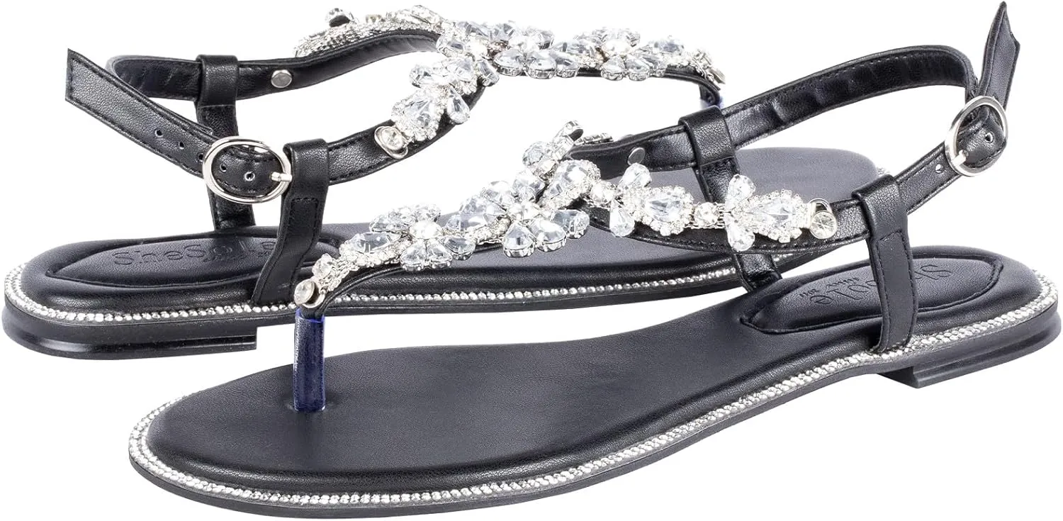 SheSole Women's Sparkly Rhinestone T-Strap Silver Flat Sandals Dressy Thong Beach Wedding Shoes