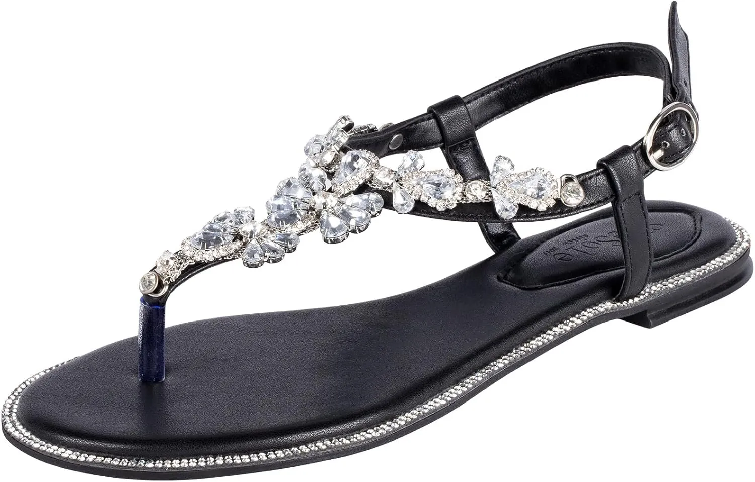SheSole Women's Sparkly Rhinestone T-Strap Silver Flat Sandals Dressy Thong Beach Wedding Shoes