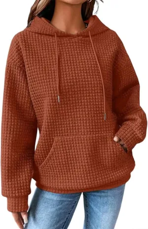 SHEWIN Womens Hoodies Casual Long Sleeve Drawstring Waffle Pullover Tops Loose Hooded Sweatshirt with Pocket