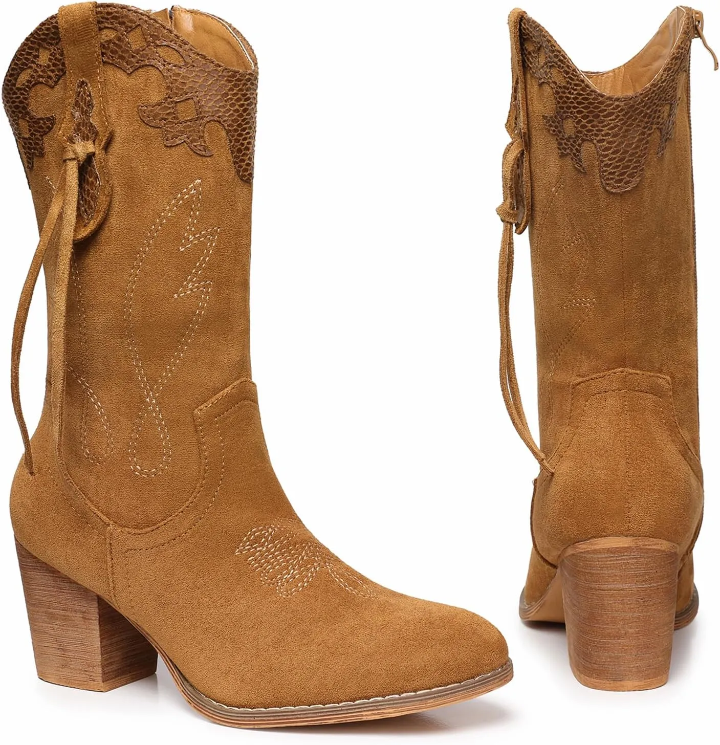 SHIBEVER Cowboy Cowgirl Boots for Women: Western Country High Heel Boots Suede Zipper Mid Calf Booties