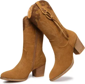 SHIBEVER Cowboy Cowgirl Boots for Women: Western Country High Heel Boots Suede Zipper Mid Calf Booties