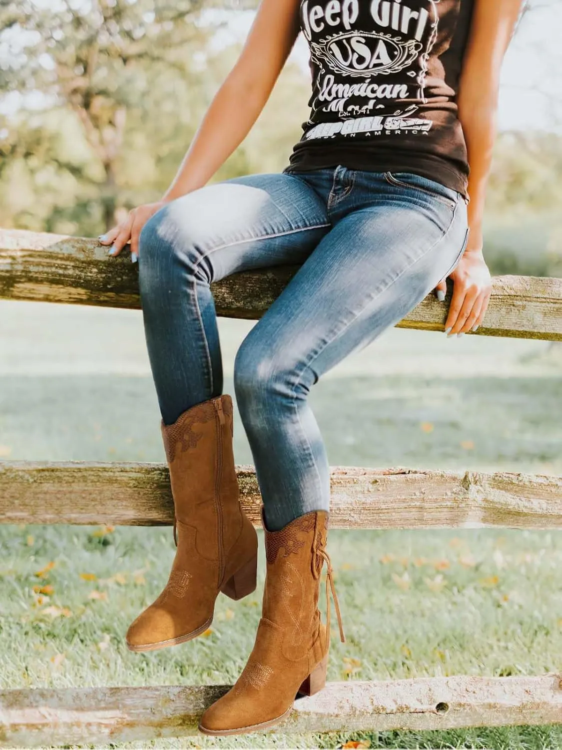 SHIBEVER Cowboy Cowgirl Boots for Women: Western Country High Heel Boots Suede Zipper Mid Calf Booties