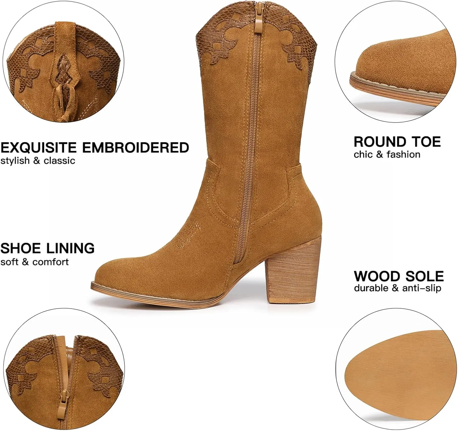 SHIBEVER Cowboy Cowgirl Boots for Women: Western Country High Heel Boots Suede Zipper Mid Calf Booties