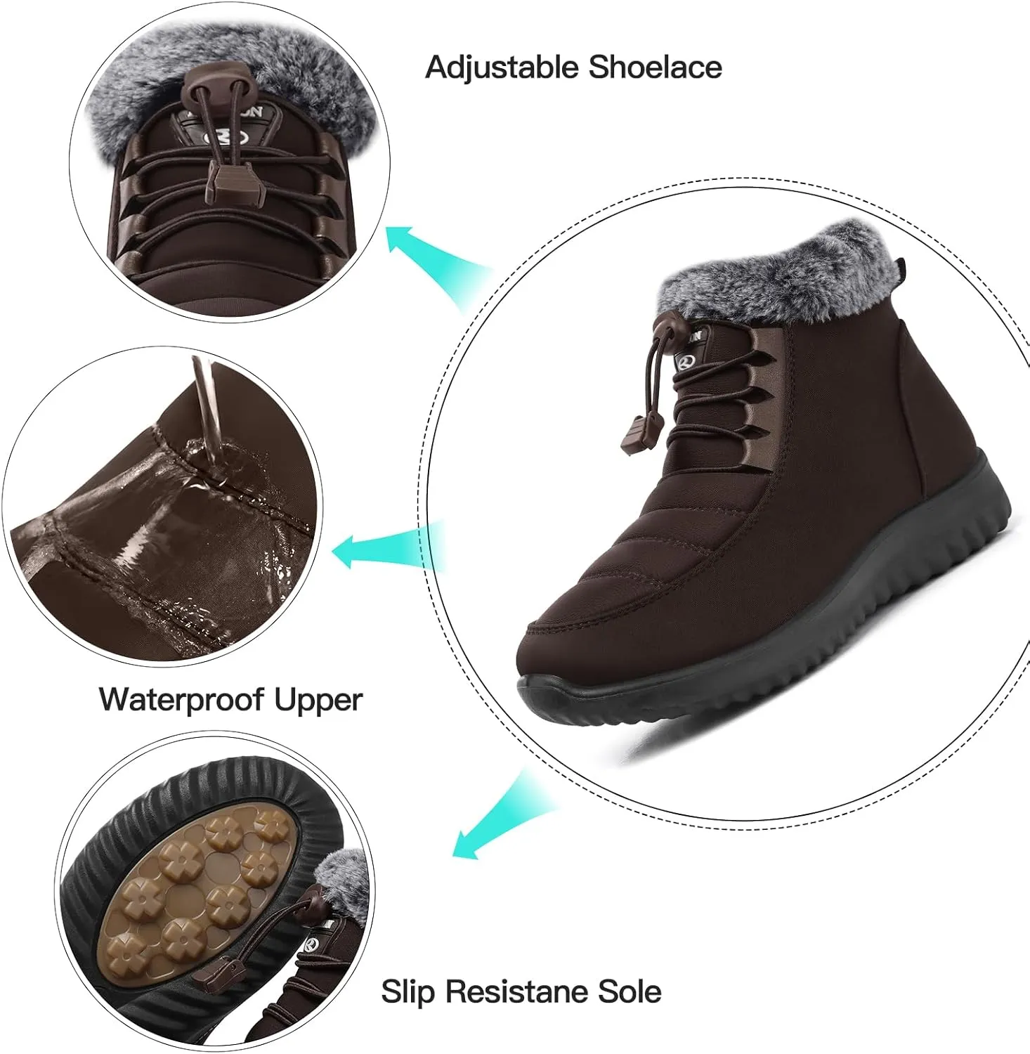 SHIBEVER Fur Lined Boots for Women: Winter Snow Ankle Booties Warm Adjustable Waterproof Slip On Shoes Outdoor
