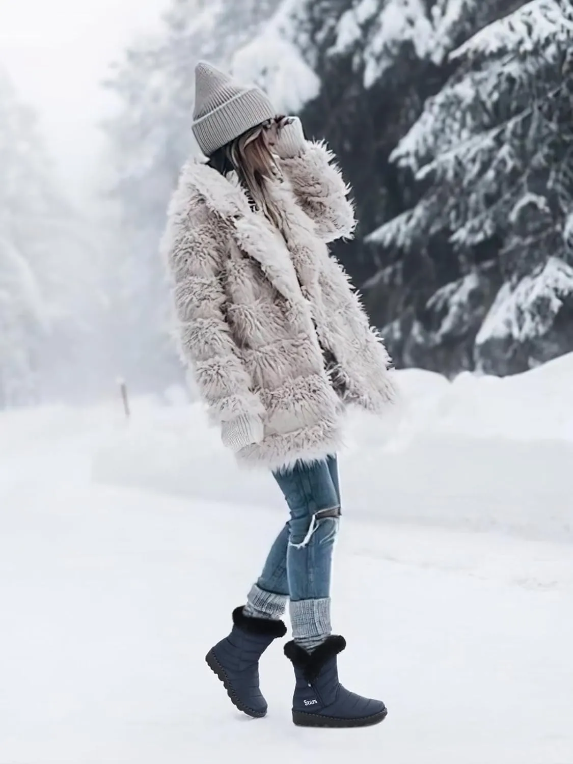 SHIBEVER Waterproof Winter Boots for Women: Snow Mid Calf Fur Lined Warm Women Boot Outdoor Resistant Booties