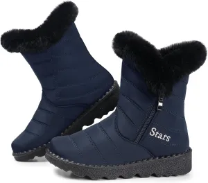 SHIBEVER Waterproof Winter Boots for Women: Snow Mid Calf Fur Lined Warm Women Boot Outdoor Resistant Booties