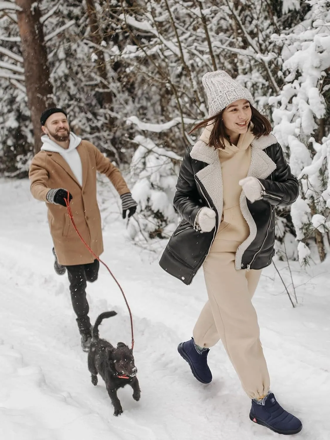 SHIBEVER Winter Boots for Women: Black Warm Fur Lined Slip on Ankle Snow Boots Comfortable Waterproof Outdoor Shoes Size