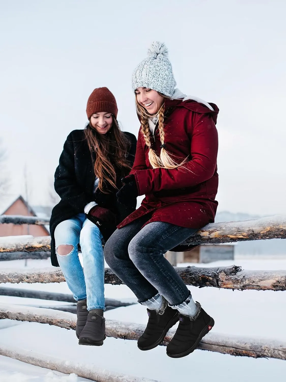 SHIBEVER Winter Boots for Women: Black Warm Fur Lined Slip on Ankle Snow Boots Comfortable Waterproof Outdoor Shoes Size