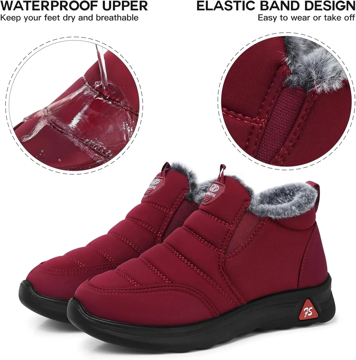 SHIBEVER Winter Boots for Women: Black Warm Fur Lined Slip on Ankle Snow Boots Comfortable Waterproof Outdoor Shoes Size