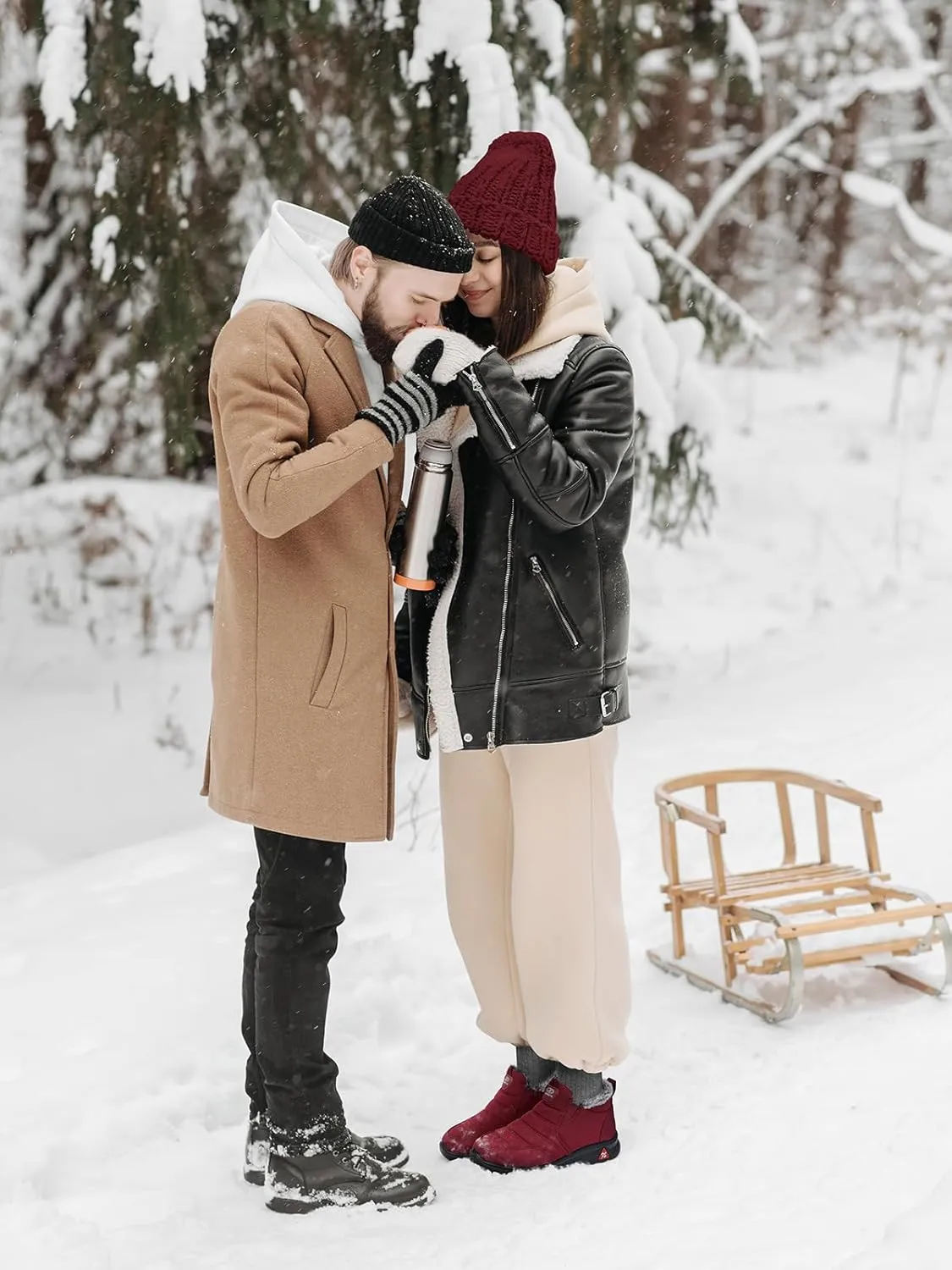 SHIBEVER Winter Boots for Women: Black Warm Fur Lined Slip on Ankle Snow Boots Comfortable Waterproof Outdoor Shoes Size