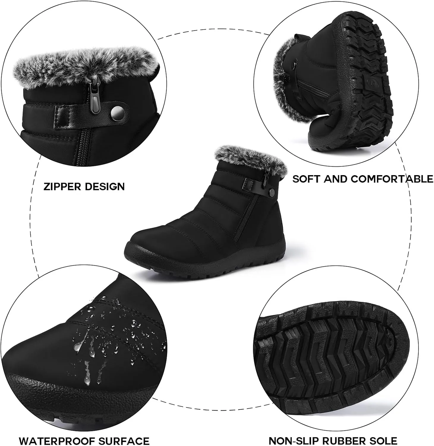 SHIBEVER Women Winter Snow Boots: Black Waterproof Walking Booties Non Slip Fur Lined Warm Outdoor Ankle Short Boot