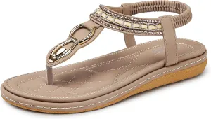 SHIBEVER Womens Sandals Dressy Summer: Women Comfortable Walking Flat Bohemian T-Strap Ladies Casual Comfy Sandals