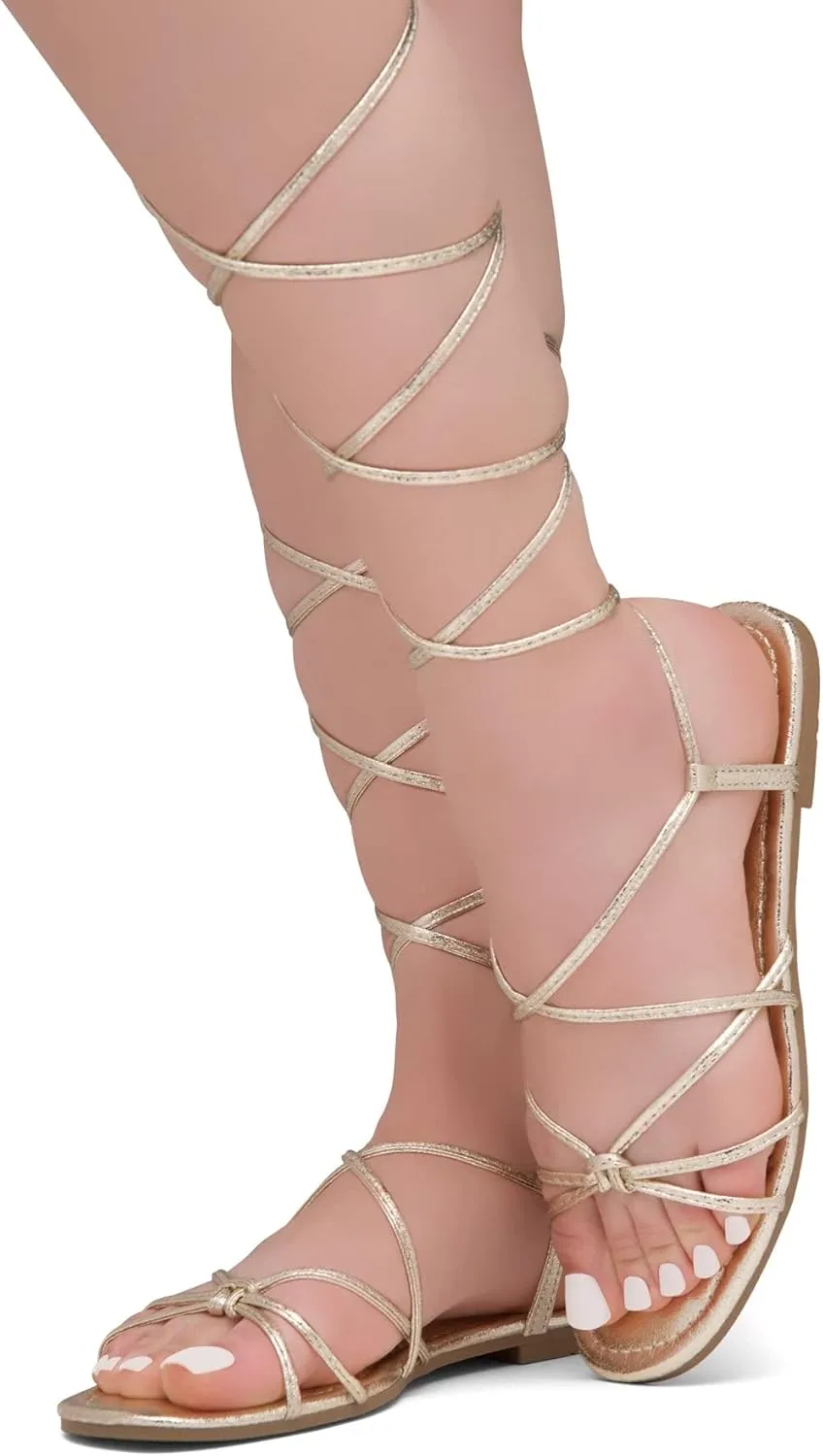 Shoe Land Women’s Flat Lace Up Sandals – Strappy Gladiator Sandals with Adjustable Crisscross Ankle Straps | Comfortable Open Toe Shoes for Summer, Beach & Travel