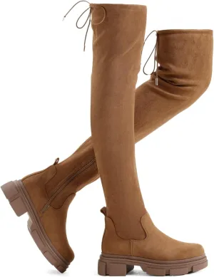 Shoe'N Tale Thigh High Knit Sock Boots Round Toe Mid Chunky Heel Stretch Over the Knee Boots for Women