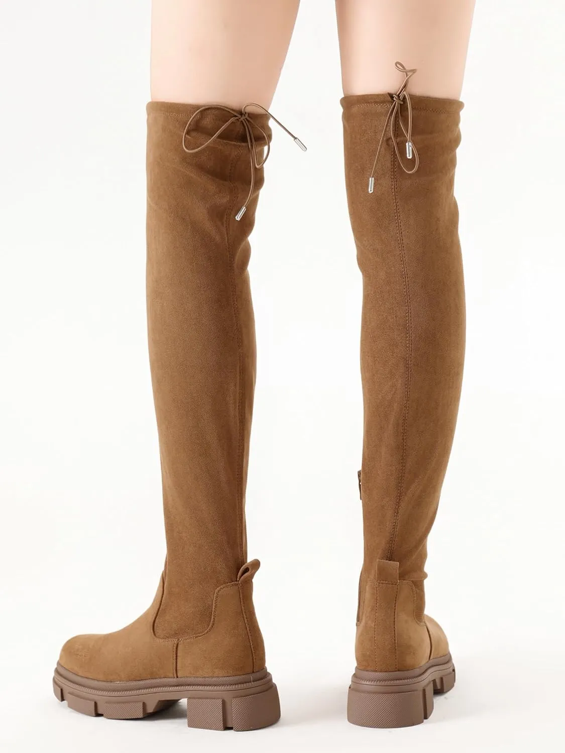 Shoe'N Tale Thigh High Knit Sock Boots Round Toe Mid Chunky Heel Stretch Over the Knee Boots for Women