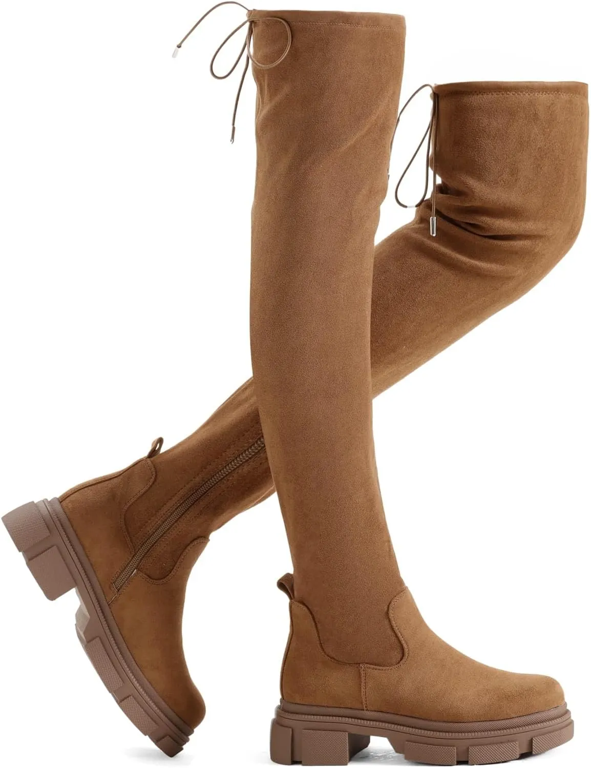 Shoe'N Tale Thigh High Knit Sock Boots Round Toe Mid Chunky Heel Stretch Over the Knee Boots for Women