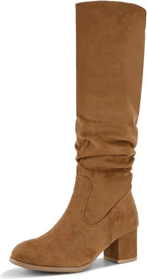 Shoe'N Tale Women's Knee High Boots Chunky Heel Pointed Toe Suede Slouch Winter Shoes with Side Zipper