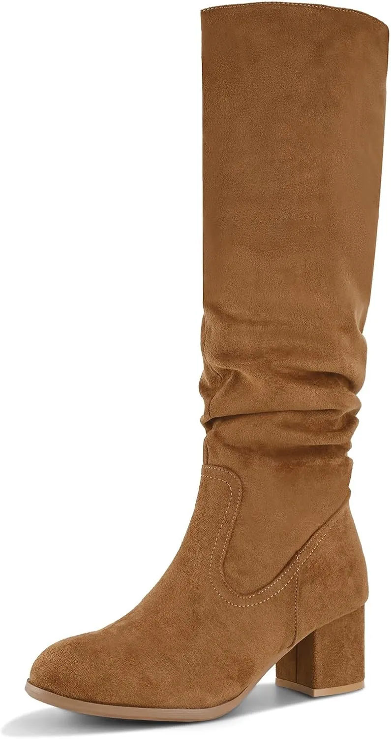 Shoe'N Tale Women's Knee High Boots Chunky Heel Pointed Toe Suede Slouch Winter Shoes with Side Zipper