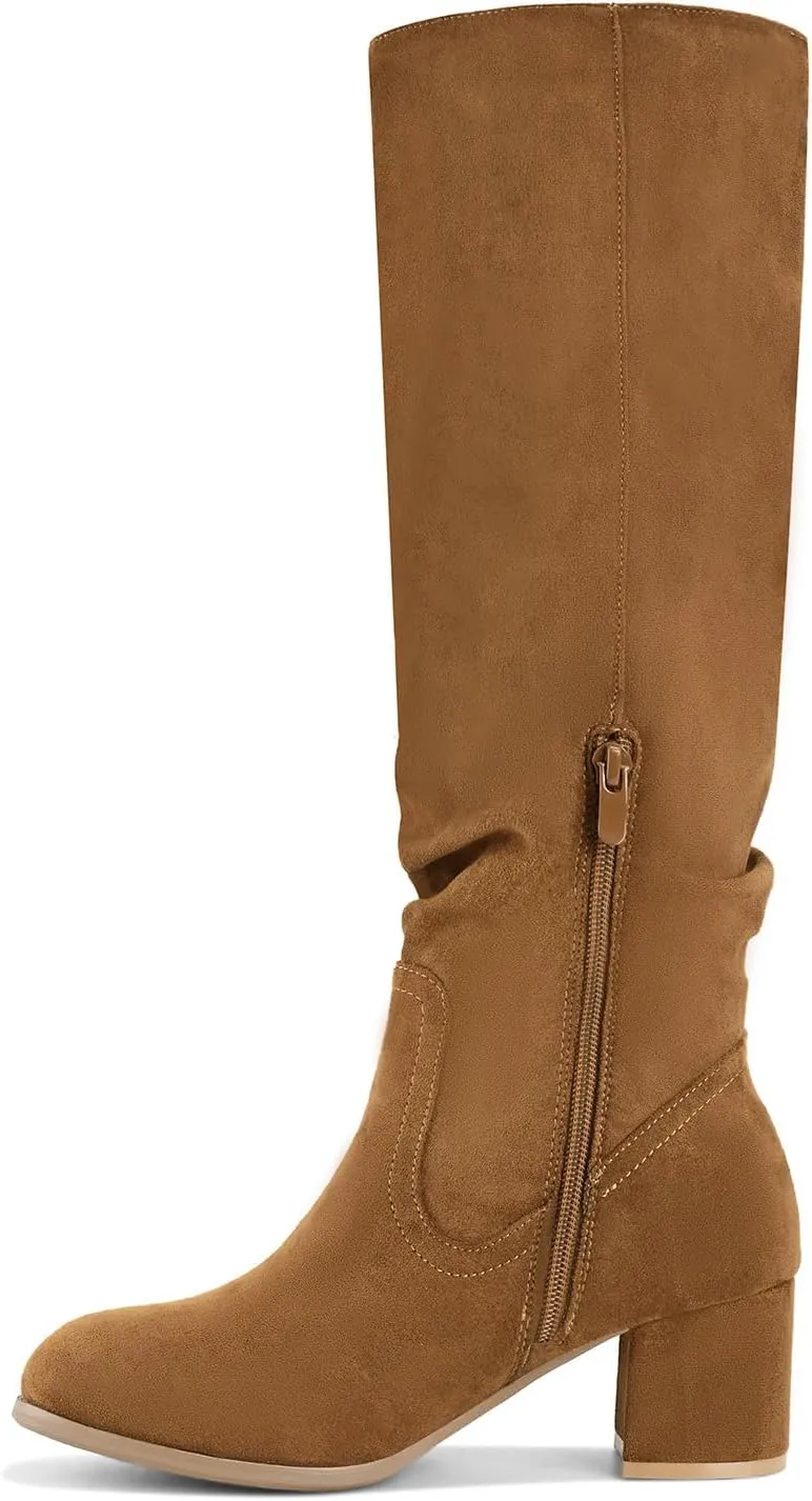 Shoe'N Tale Women's Knee High Boots Chunky Heel Pointed Toe Suede Slouch Winter Shoes with Side Zipper