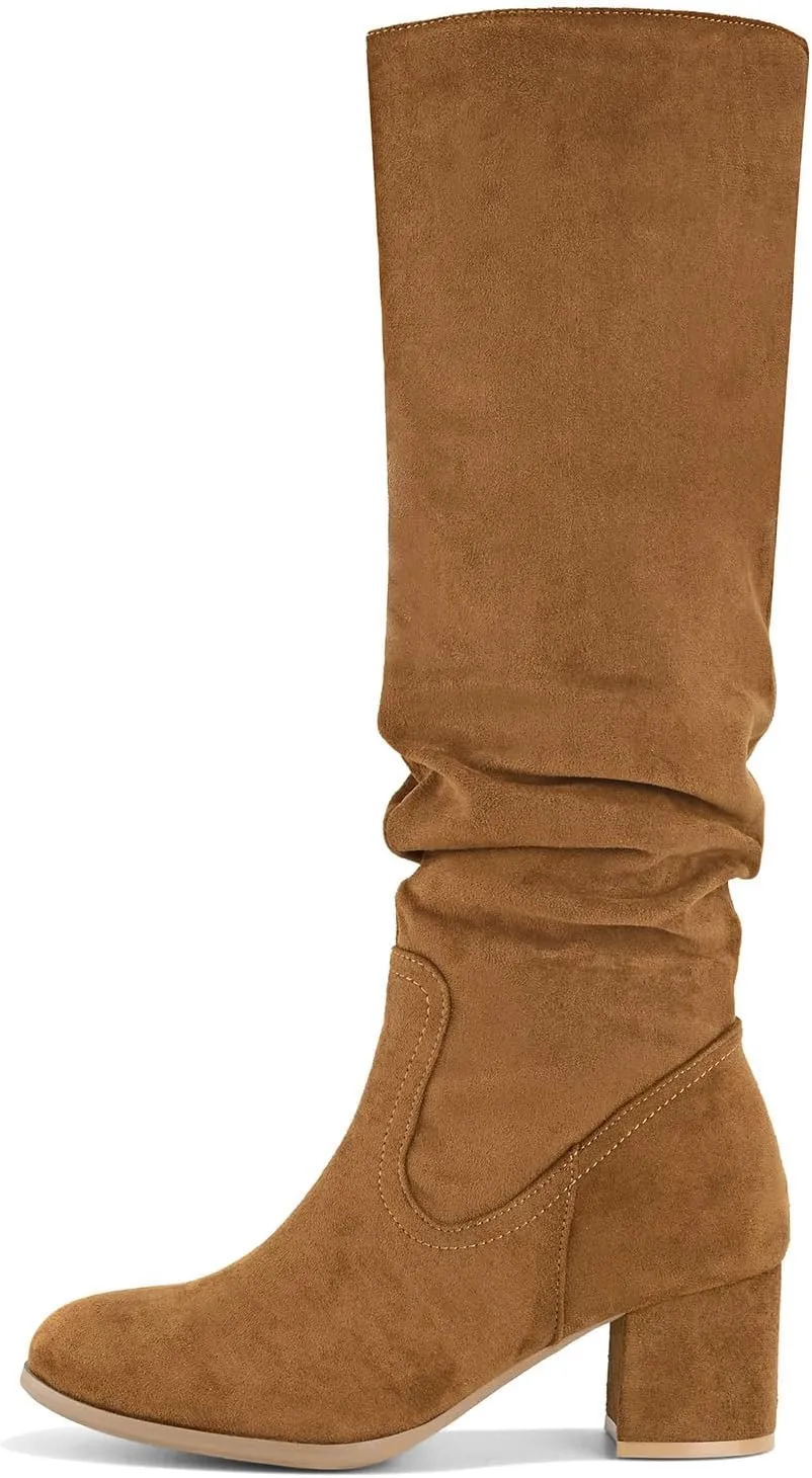 Shoe'N Tale Women's Knee High Boots Chunky Heel Pointed Toe Suede Slouch Winter Shoes with Side Zipper