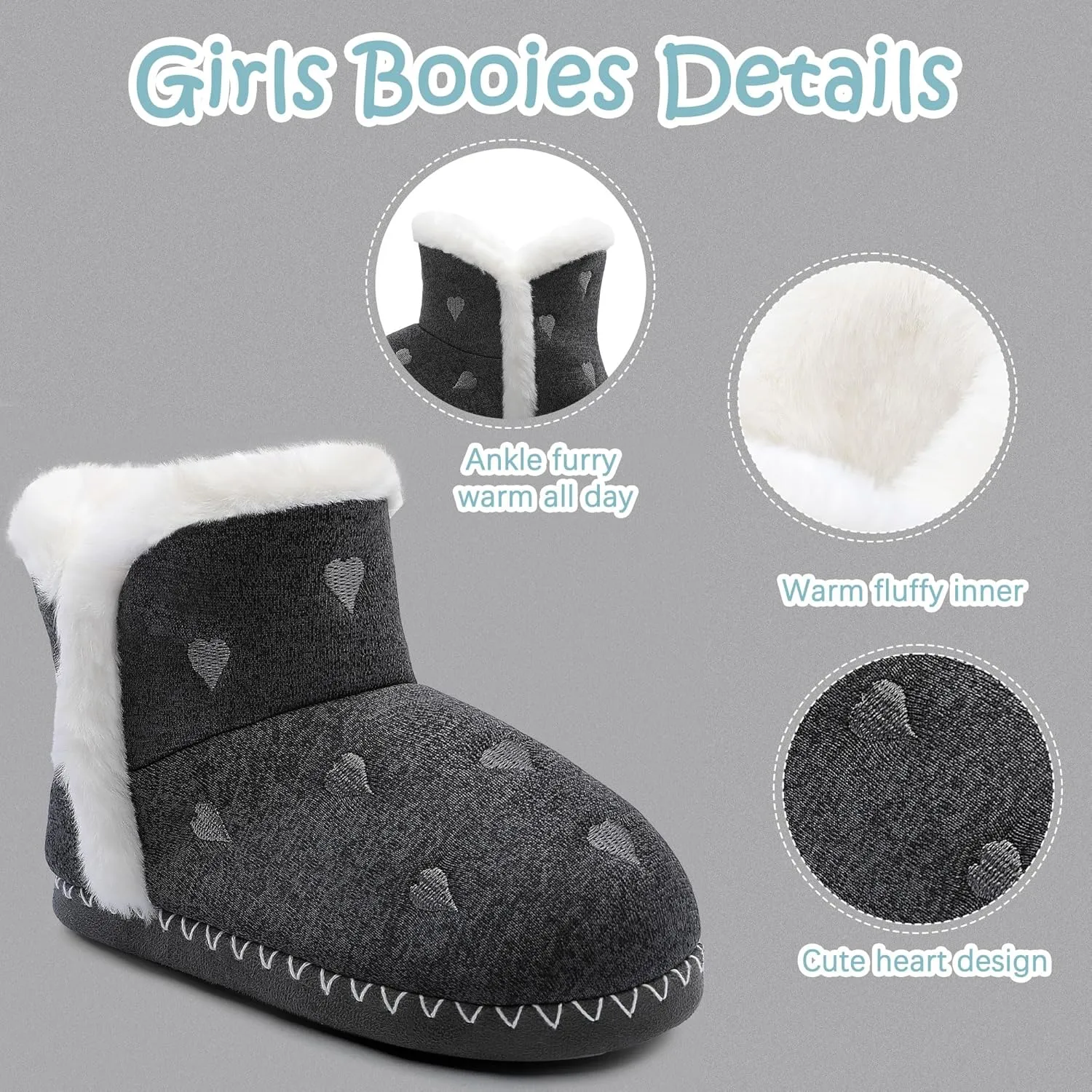shoeslocker Girls Cute Bootie Slippers, Winter Warm Plush Memory Foam Booties House Shoes for Girls