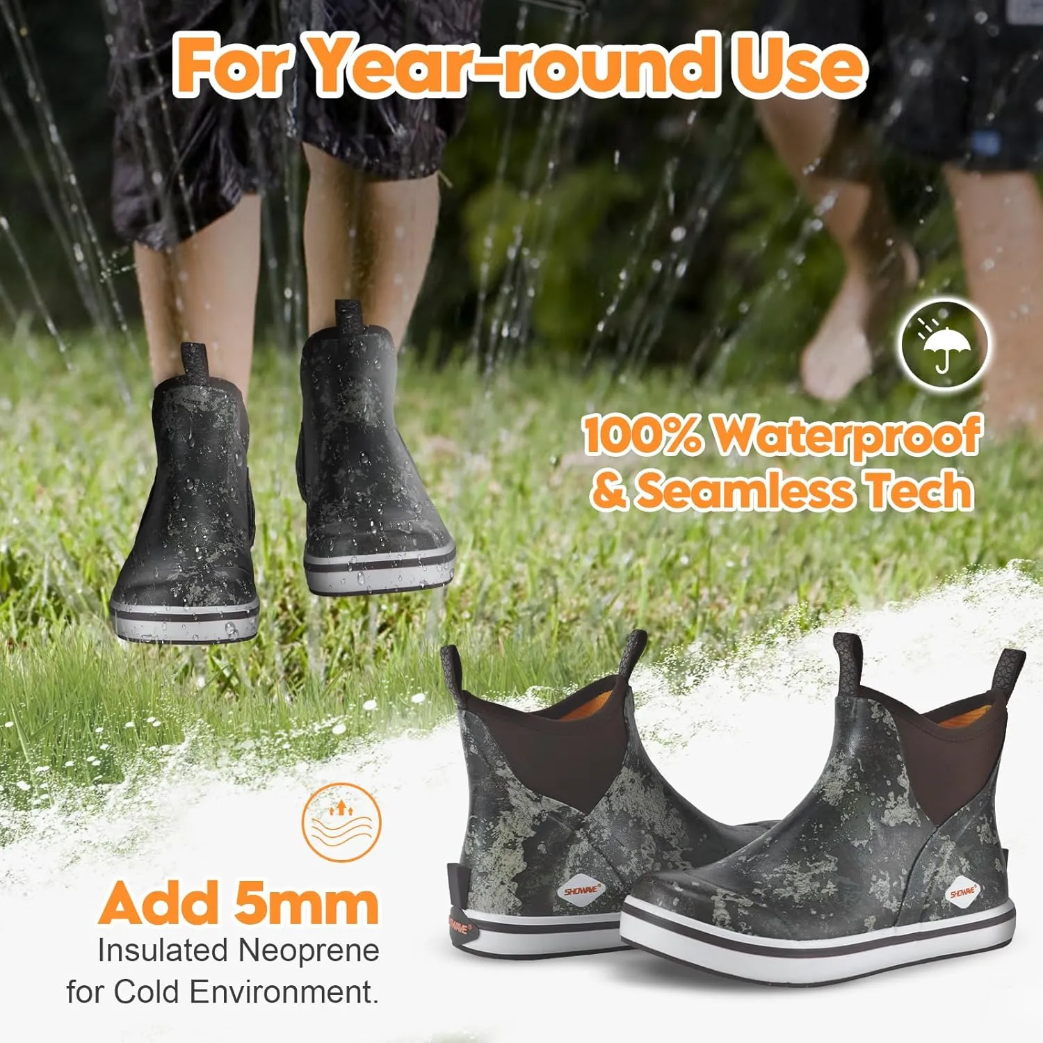 Showave Kid's Deck Boots Waterproof Ankle Rain Boots for Boys Girls Insulated Neoprene Rubber Boots Non-slip Child Rain Shoes