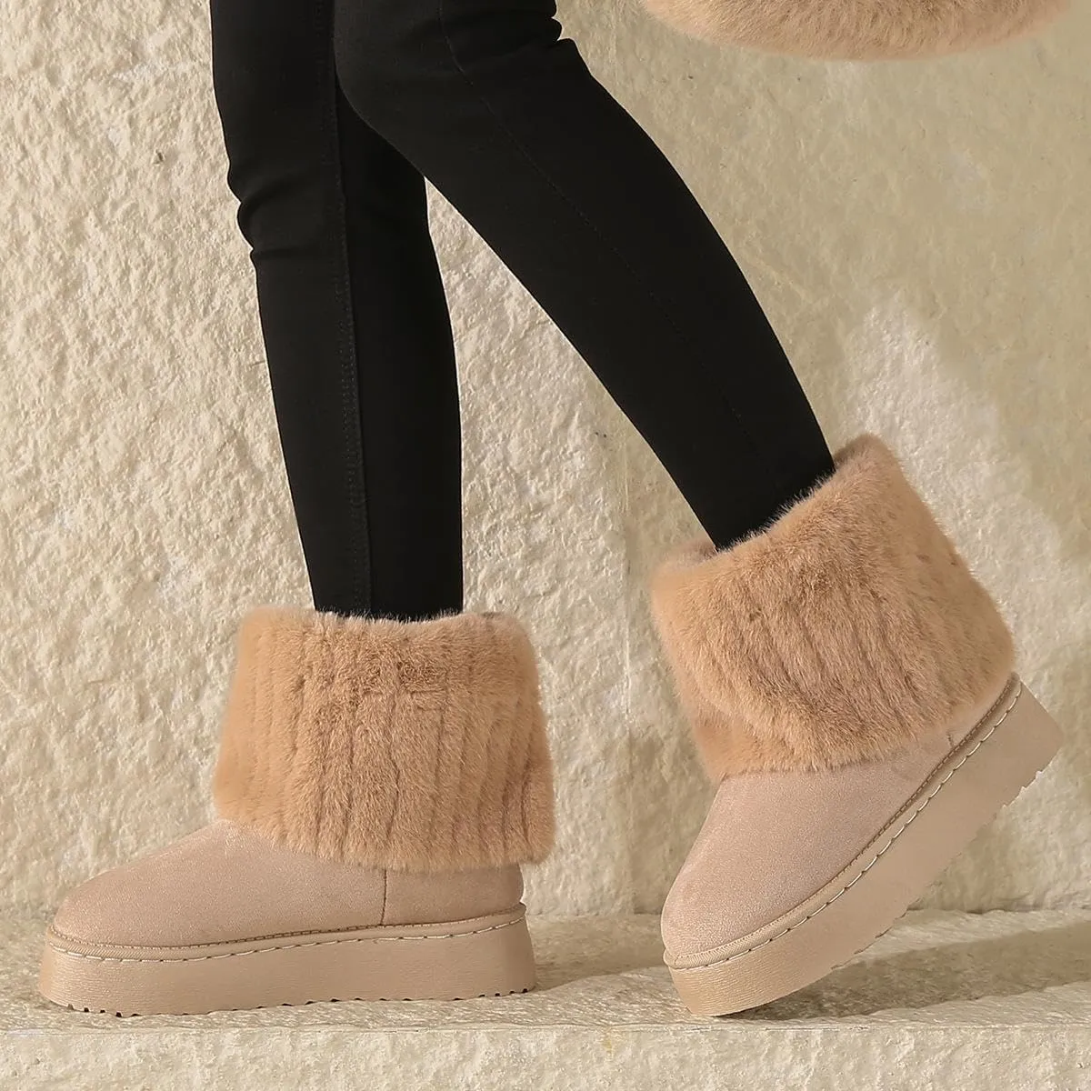 SIFINELAR Women's Furry Faux Fur Boots Fuzzy Mid Calf Snow Boots Round Toe Suede Warm Fur Lined Boots Platform Flat Comfortable Outdoor Winter Fashion Boots