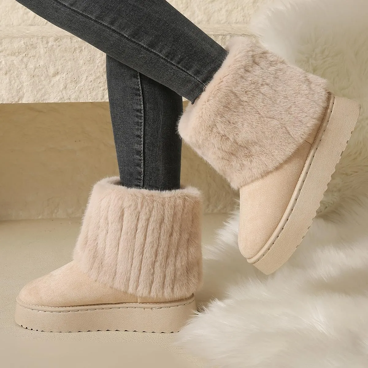 SIFINELAR Women's Furry Faux Fur Boots Fuzzy Mid Calf Snow Boots Round Toe Suede Warm Fur Lined Boots Platform Flat Comfortable Outdoor Winter Fashion Boots