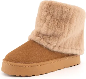SIFINELAR Women's Furry Faux Fur Boots Fuzzy Mid Calf Snow Boots Round Toe Suede Warm Fur Lined Boots Platform Flat Comfortable Outdoor Winter Fashion Boots