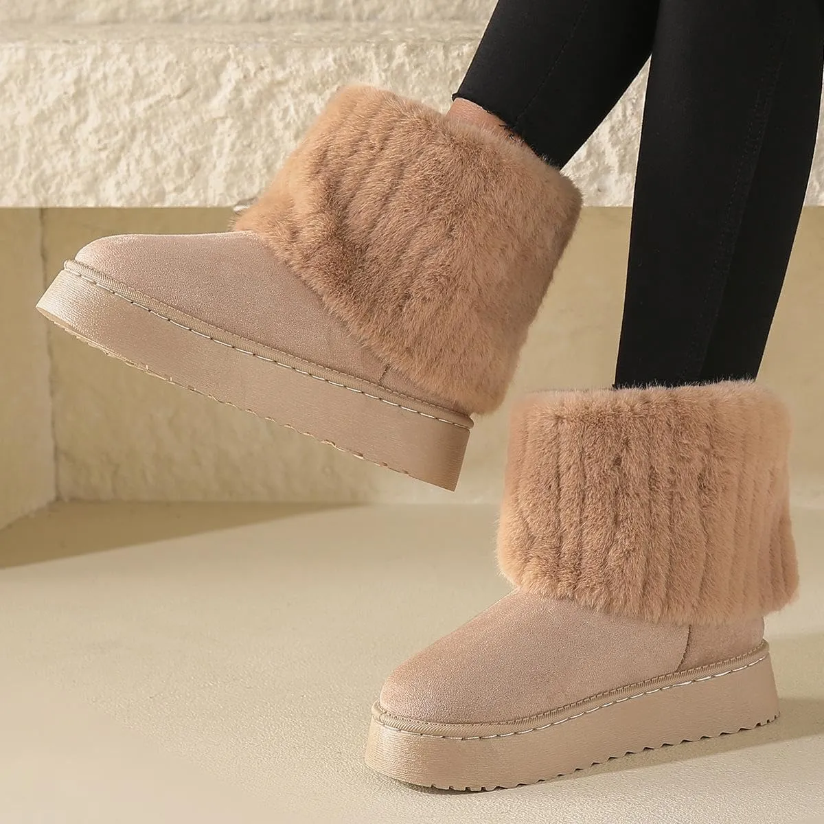 SIFINELAR Women's Furry Faux Fur Boots Fuzzy Mid Calf Snow Boots Round Toe Suede Warm Fur Lined Boots Platform Flat Comfortable Outdoor Winter Fashion Boots