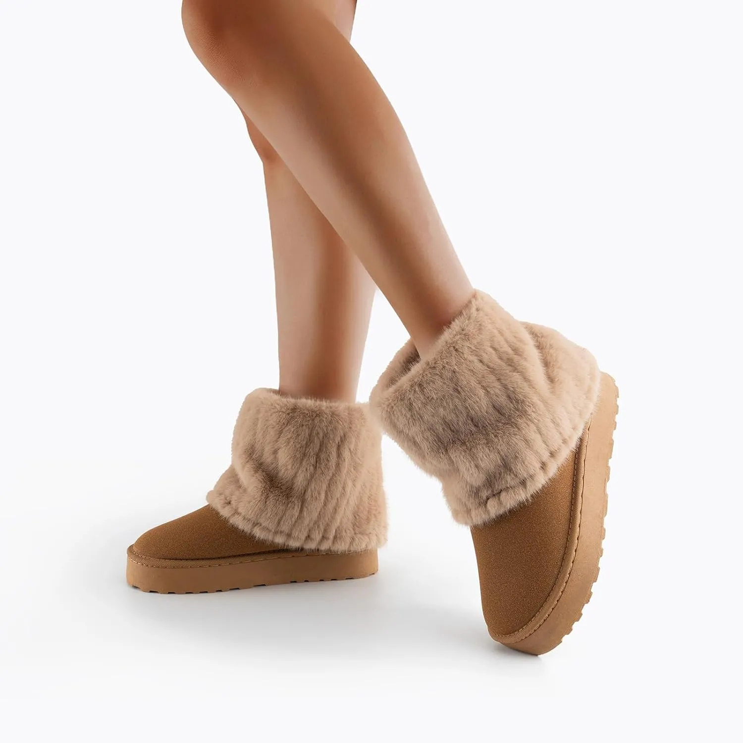 SIFINELAR Women's Furry Faux Fur Boots Fuzzy Mid Calf Snow Boots Round Toe Suede Warm Fur Lined Boots Platform Flat Comfortable Outdoor Winter Fashion Boots