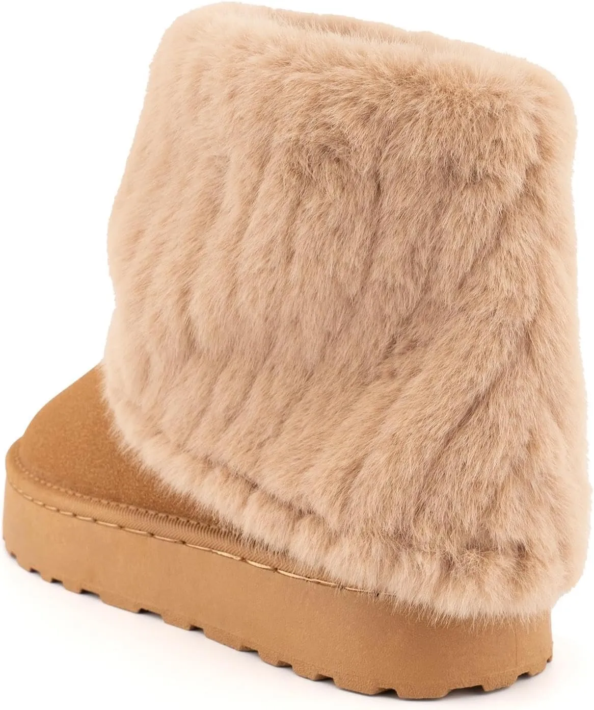 SIFINELAR Women's Furry Faux Fur Boots Fuzzy Mid Calf Snow Boots Round Toe Suede Warm Fur Lined Boots Platform Flat Comfortable Outdoor Winter Fashion Boots