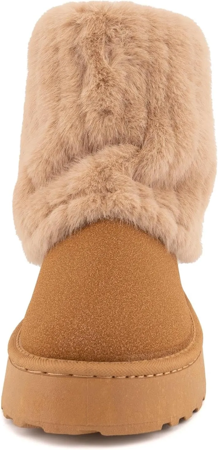 SIFINELAR Women's Furry Faux Fur Boots Fuzzy Mid Calf Snow Boots Round Toe Suede Warm Fur Lined Boots Platform Flat Comfortable Outdoor Winter Fashion Boots