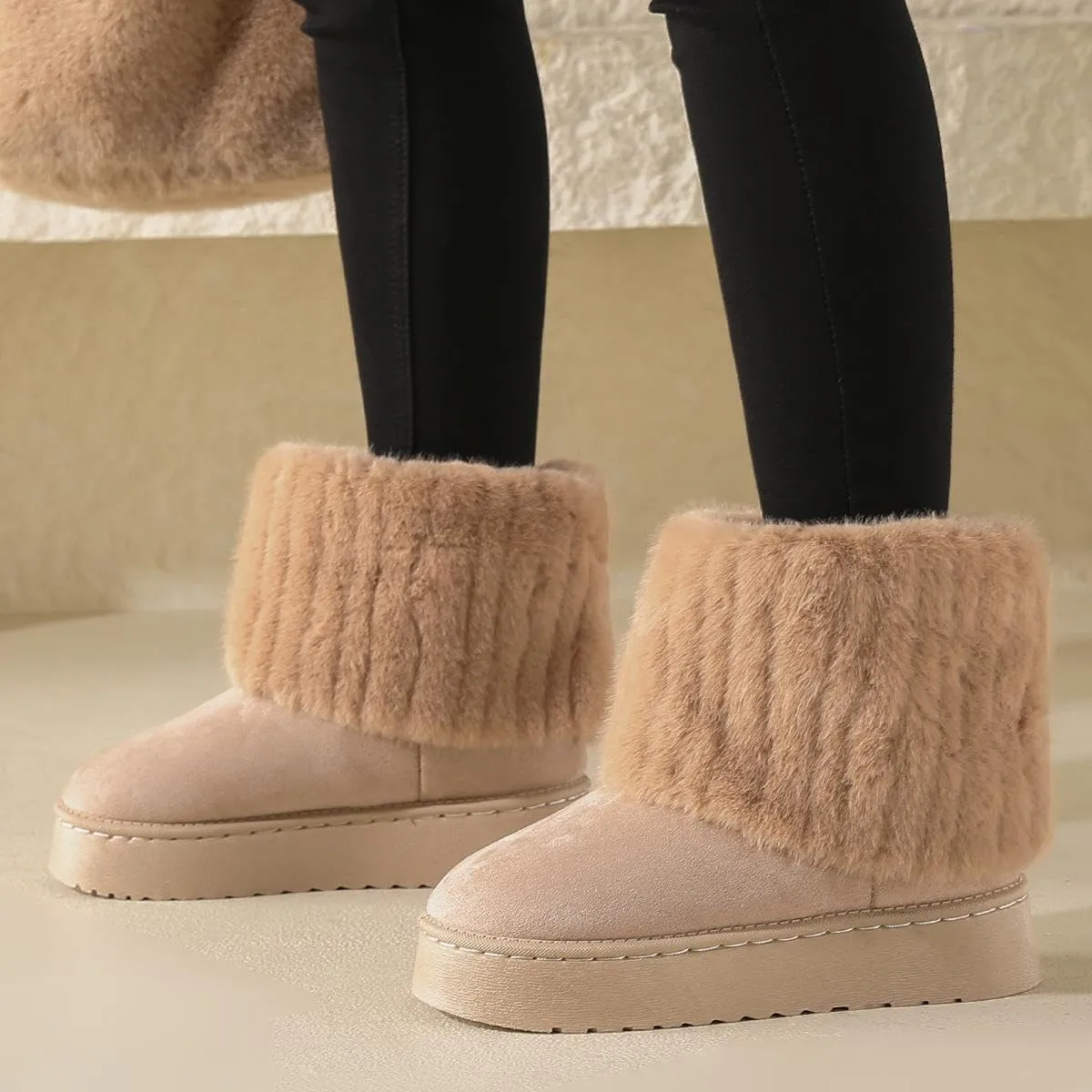 SIFINELAR Women's Furry Faux Fur Boots Fuzzy Mid Calf Snow Boots Round Toe Suede Warm Fur Lined Boots Platform Flat Comfortable Outdoor Winter Fashion Boots